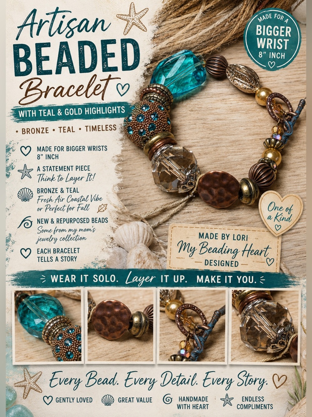 Artisan Beaded Bracelet with Teal and Gold Highlights NWT